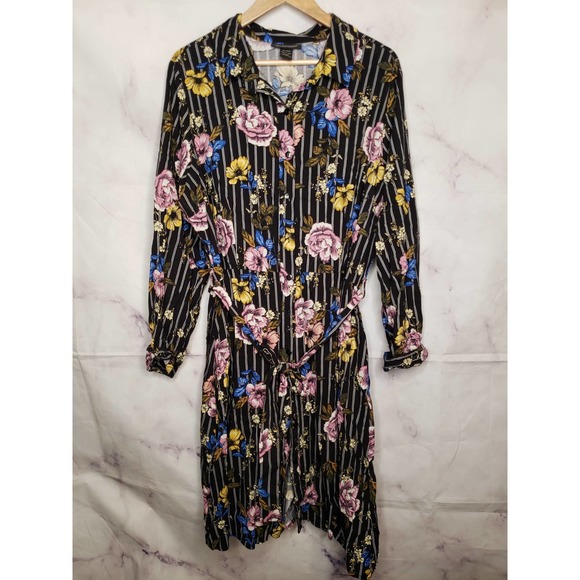 ASHLEY STEWART Black stripe floral button down long sleeve dress 18/20 - Picture 1 of 9